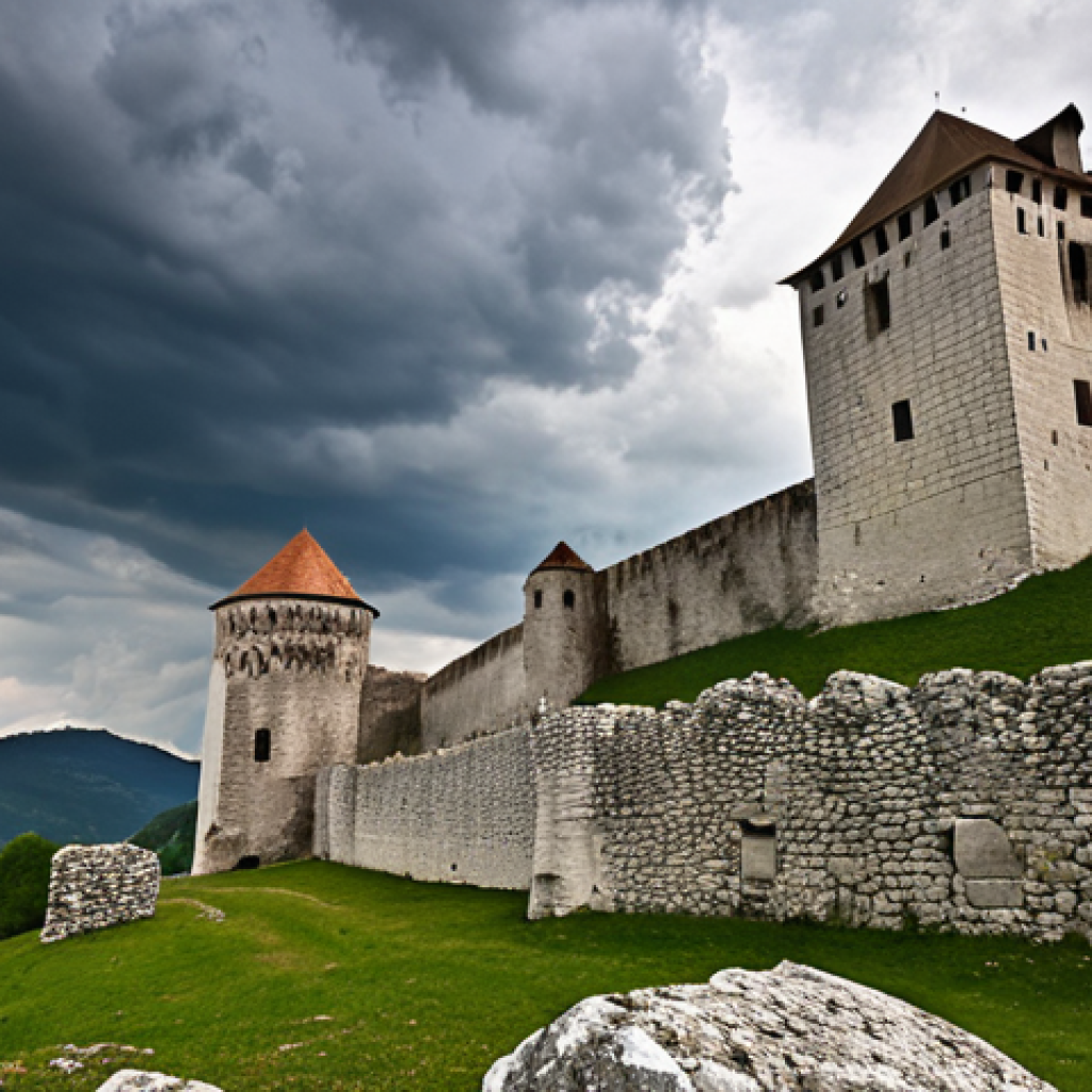 **Image Prompt:** Majestic Celje Castle ruins under a dramatic sky, capturing the blend of architectural styles and hinting at legends of powerful counts. Focus on the textures of the old stone and the sense of historical weight.