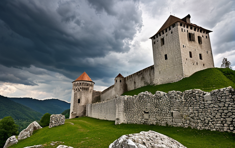 **Image Prompt:** Majestic Celje Castle ruins under a dramatic sky, capturing the blend of architectural styles and hinting at legends of powerful counts. Focus on the textures of the old stone and the sense of historical weight.